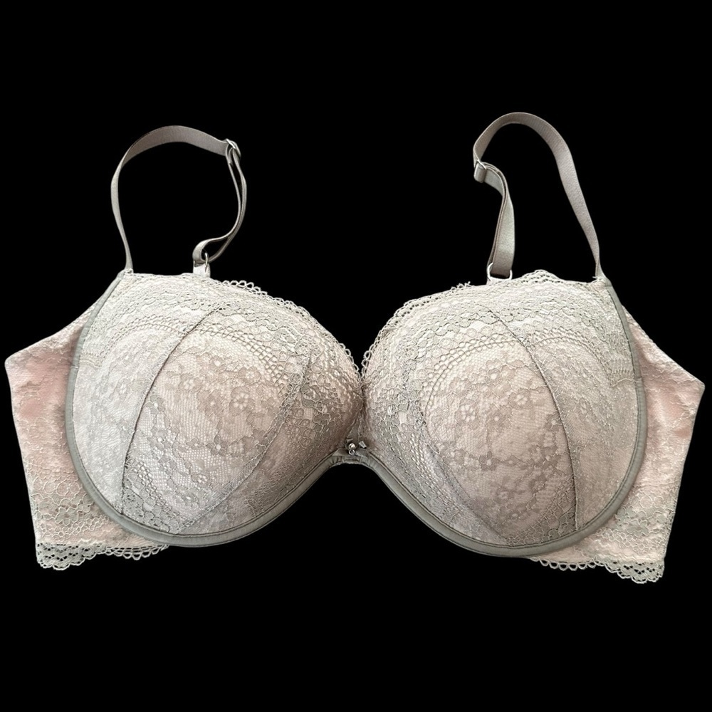 Victoria’s Secret 38 D Lace Plunge Underwire Bra Taupe Grey Pink Sexy